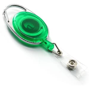 A green retractable oval card holder with a metal clip and a clear plastic strap for attaching cards.