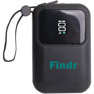 A black portable power bank with a digital display, featuring a logo and a carrying strap.