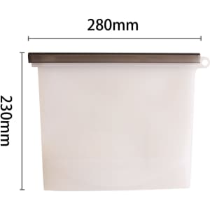 A silicone reusable storage pouch in white with a brown lid, measuring 280mm by 230mm. Features a logo.