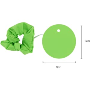 A green drink cover scrunchie and a circular tag, both measuring 9cm. The scrunchie has a gathered fabric design.