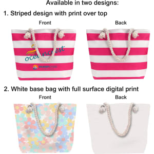 A tote bag with a striped pink design and rope handles, featuring a logo. Another design has a white base with a floral print.