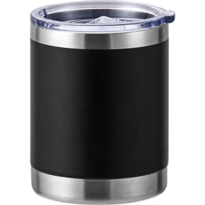 A drink bottle with a black stainless steel body and a clear lid, featuring a silver base and sleek design.