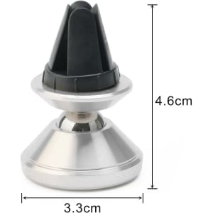 A rotatable clip-on car phone holder in silver and black, featuring a cone-shaped design with measurement indications.