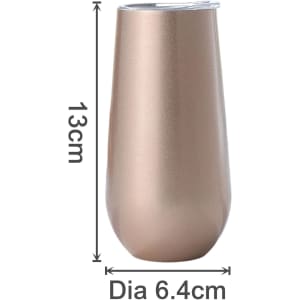 A drink bottle in a metallic rose gold finish, featuring a sleek design with a clear lid. Measures 13cm tall.