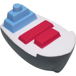 A container ship-shaped stress reliever in blue, red, and white, with a black base and a simple design.