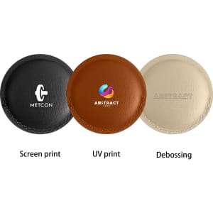 Three PU leather AirTag holders in black, brown, and cream, each featuring different printing techniques and a logo.