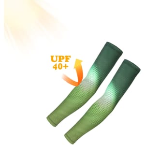 Green ice silk arm sleeves with a gradient design, featuring a logo and offering UPF 40+ protection from the sun.