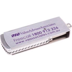 A metal rectangular swivel flash drive with a silver finish and a branding logo on the side.