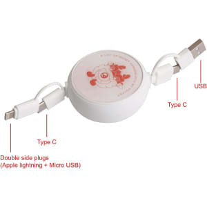A retractable portable charging cable in white, featuring USB, Type C, Apple Lightning, and Micro USB connectors.