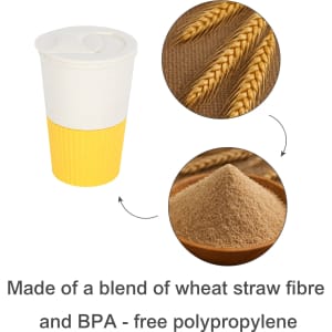 A drink bottle featuring a yellow and white design, made from wheat straw fibre and BPA-free polypropylene, with a lid.