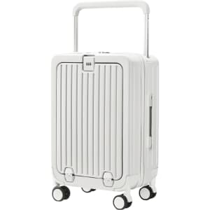A white hardside suitcase with a textured design and four wheels, featuring a retractable handle and a logo.