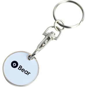 A keyring with a circular printed token attached by a metal clip, featuring a logo in black on a white background.