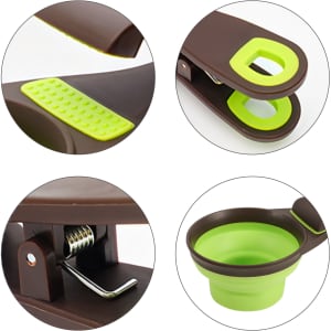 A collapsible pet food scoop in brown and green, featuring a textured grip and a compact design for easy storage.
