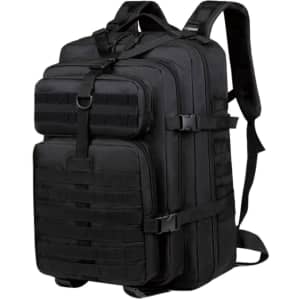 A black tactical backpack featuring multiple compartments, straps, and a logo.