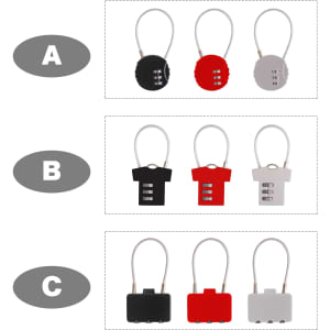 A set of metal coded locks in black, red, and grey, featuring various shapes and a branding logo.
