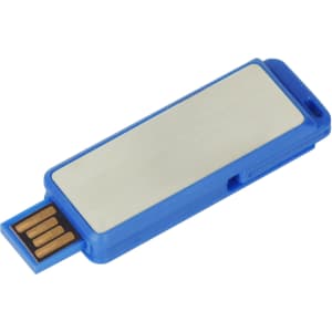 A blue flash drive featuring a metallic surface. The drive includes a click action mechanism for easy use.