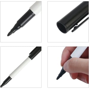 A black and white marker pen featuring a fine tip, with close-up views of the nib and barrel.