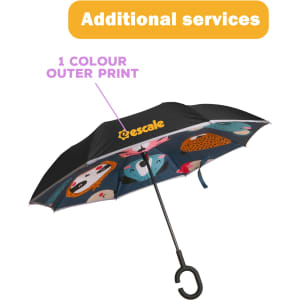 A children's reversible folding umbrella featuring a colourful inner design and a black outer layer, with a logo.