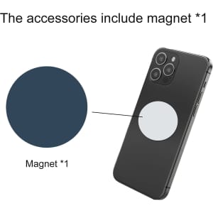 A smartphone with a dark blue circle indicating a magnet attachment is displayed alongside a note about accessories.