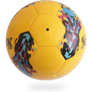 A bright yellow training soccer ball featuring colourful geometric patterns and a logo.