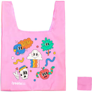 A pink reusable foldaway shopping bag featuring colourful cartoon designs and a matching compact pouch.