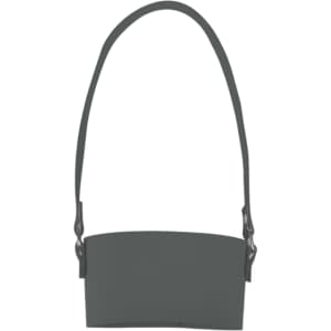 A drink bottle holder in dark grey leather with a shoulder strap and a simple design. Features a logo.