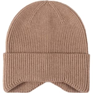 A beige earflap beanie with a ribbed texture and a folded cuff. It features a logo on the side.