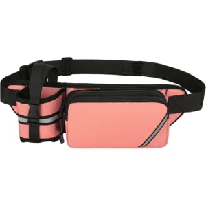 A pink fanny pack with a black strap and a side bottle holder, featuring a reflective band.