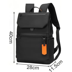 A black laptop backpack featuring an orange accent, with multiple compartments and adjustable straps.