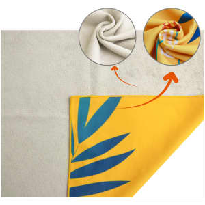 A vibrant yellow cloth with blue leaf designs, featuring a soft, textured surface and self-adhesive properties.