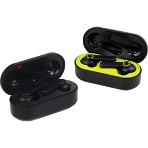 Quality True Wireless Earbuds in black with a green interior, displayed in their charging cases. Each case has a logo.