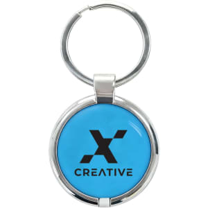 A round NFC epoxy tag in bright blue with a silver metal keyring and logo.