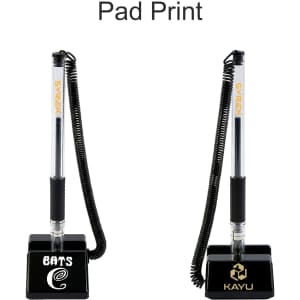 Two fixed signature pens on bases, featuring a black colour scheme and coiled connectors, each with a logo.
