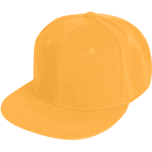 A yellow 6 panel trucker cap with a structured crown and a flat brim. It features a logo on the front.