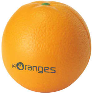 An orange-shaped stress reliever in bright orange, featuring a textured surface and a logo.