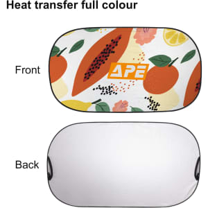 A reflective car sunshade featuring a colourful design with fruits on the front and a plain white back.