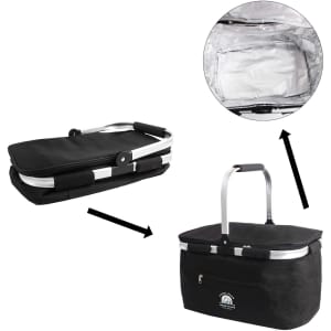 A black picnic cooler basket with a silver handle, featuring an insulated interior and a zippered outer pocket.