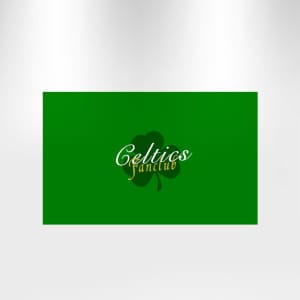 A green rectangular flag featuring a logo and text. The design includes a shamrock motif.