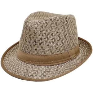 A breathable top hat in tan, featuring a mesh design and a brown band around the base. It has a logo on one side.