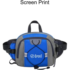 A drink bottle holder bag in blue and grey with adjustable straps and a logo on the front.