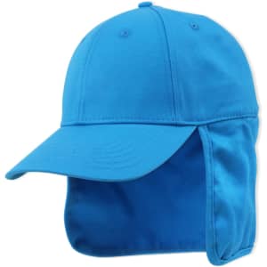 A blue sport cap with a flap at the back and a front brim, featuring a logo on the side.