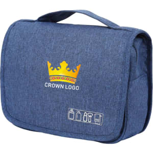 A blue hanging toiletry bag featuring a handle and a logo, designed for organising personal care items.