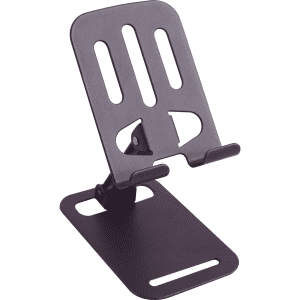 A foldable metal mobile phone stand in dark colour, featuring a sturdy base and adjustable viewing angles.