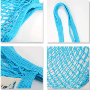 A light blue mesh grocery bag featuring woven netting and sturdy handles. The fabric is soft and flexible.