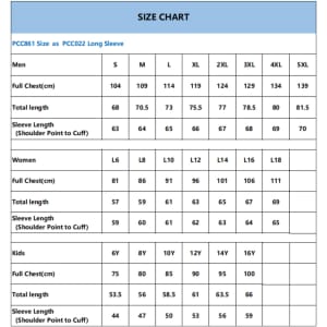 A size chart displaying measurements for men's, women's, and kids' long sleeve shirts in various sizes.