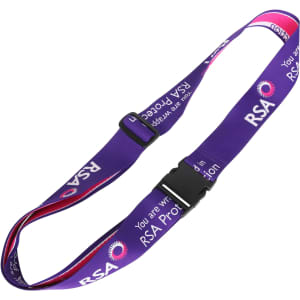 A woven luggage belt in purple and pink with a logo, featuring a sturdy buckle for securing bags.