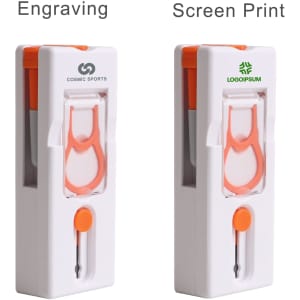 A cleaning kit with a white body and orange accents, featuring engraving and screen print options. It includes multiple cleaning tools.