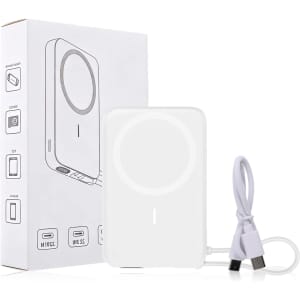 A white 10,000mAh magnetic wireless power bank with a USB charging cable, accompanied by a box featuring a logo.