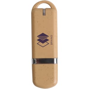 An eco-friendly beige flash drive with a silver band and a logo on the front.