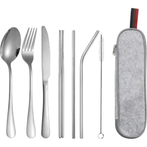 A stainless steel flatware set featuring a spoon, fork, knife, two metal straws, a bent straw, a cleaning brush, and a grey case.